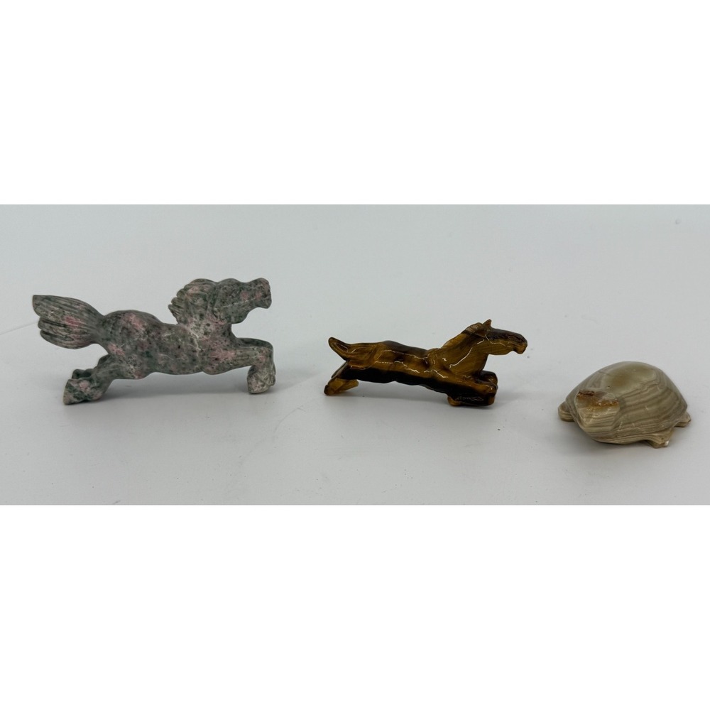 Mini Stone Animal Figurines Horse Turtle Tiger Eye Carved Stone Lot of 3